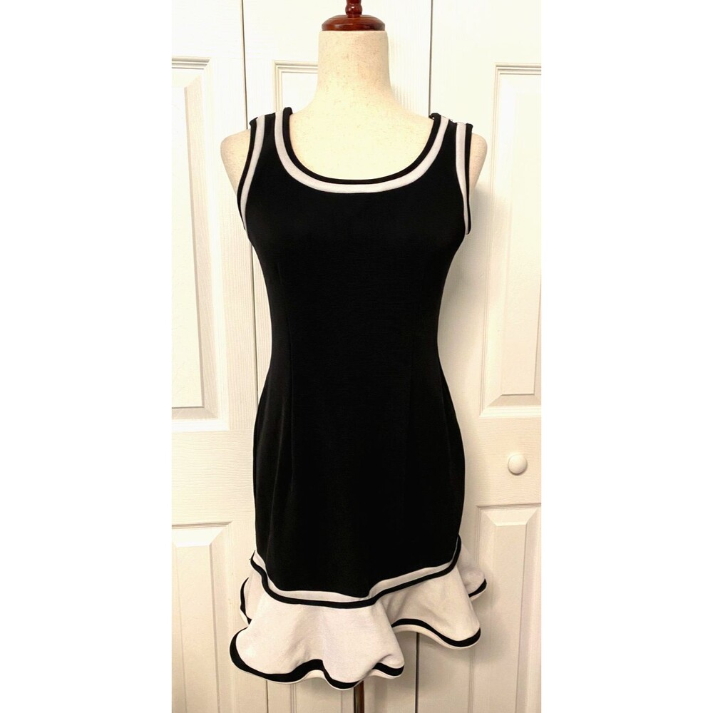 Vtg CACHE Dress Sz 6 Black White Sleeveless Bodycon Flutter Y2K 90s Mini Tank